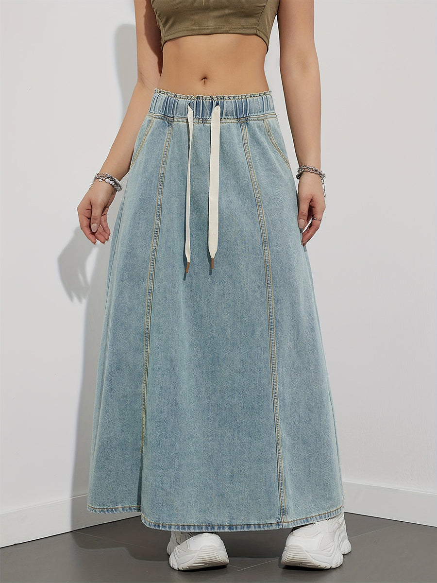 Drawstring Waist Denim Maxi Skirt For Women - Casual A-Line Flare Long Skirt With Pockets - Spring Holiday 2026