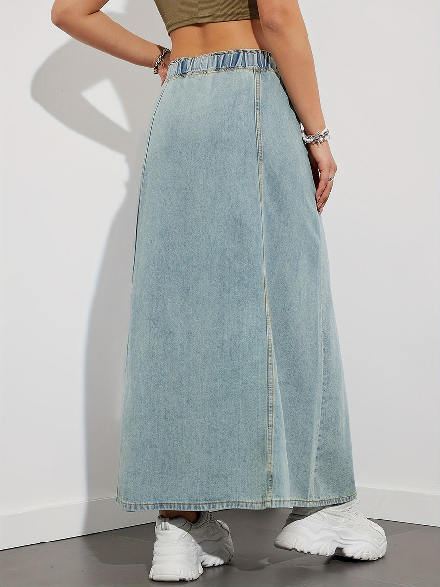 Drawstring Waist Denim Maxi Skirt For Women - Casual A-Line Flare Long Skirt With Pockets - Spring Holiday 2026