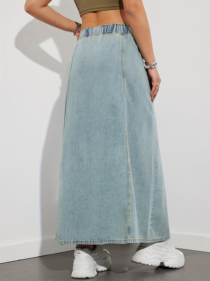 Drawstring Waist Denim Maxi Skirt For Women - Casual A-Line Flare Long Skirt With Pockets - Spring Holiday 2026