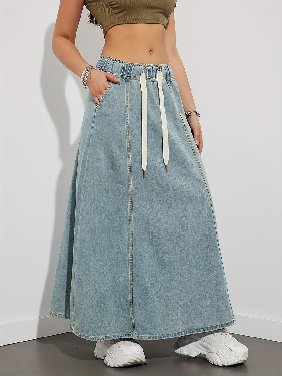 Drawstring Waist Denim Maxi Skirt For Women - Casual A-Line Flare Long Skirt With Pockets - Spring Holiday 2026