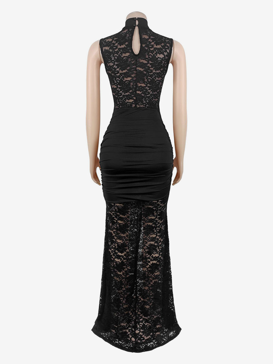 Sexy Lace Cutout Maxi Dress For Women - High Slit Ruched Bodycon Evening Gown - Summer Night Out Club Party 2026