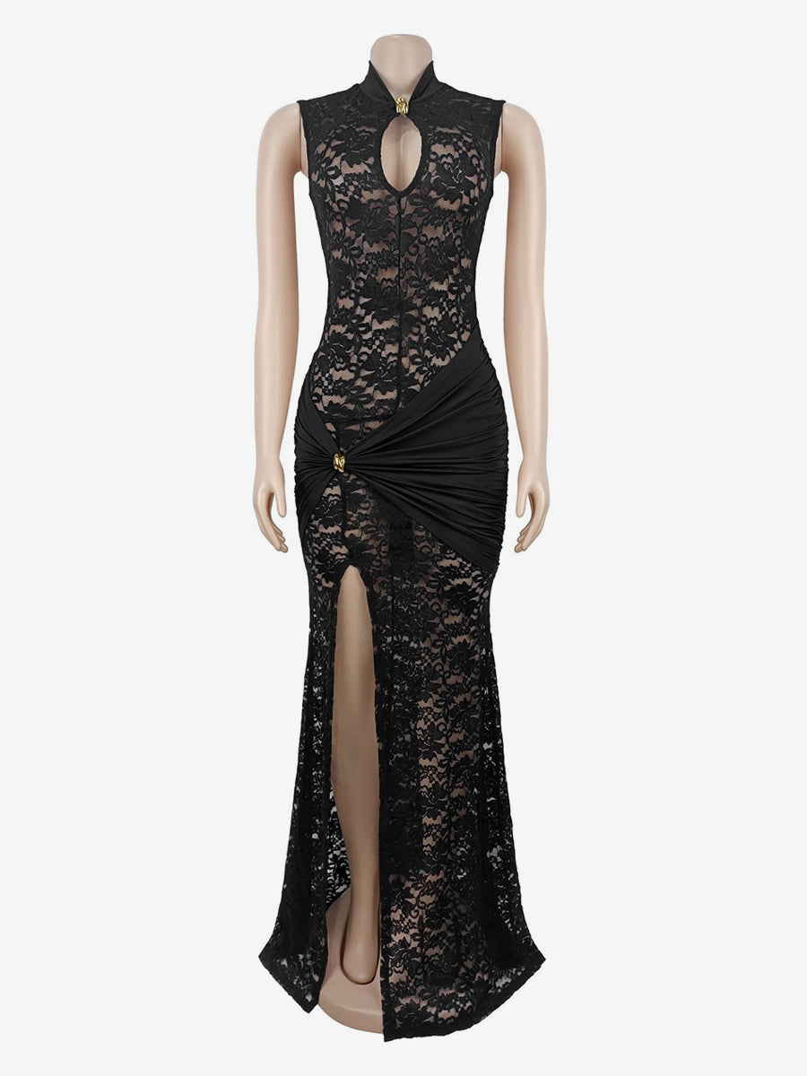 Sexy Lace Cutout Maxi Dress For Women - High Slit Ruched Bodycon Evening Gown - Summer Night Out Club Party 2026