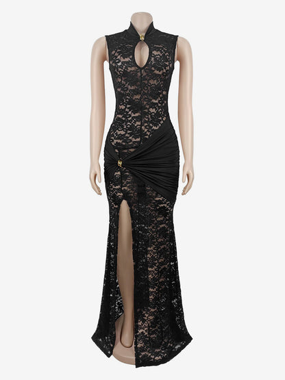 Sexy Lace Cutout Maxi Dress For Women - High Slit Ruched Bodycon Evening Gown - Summer Night Out Club Party 2026