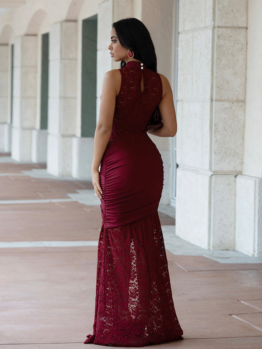 Sexy Lace Cutout Maxi Dress For Women - High Slit Ruched Bodycon Evening Gown - Summer Night Out Club Party 2026