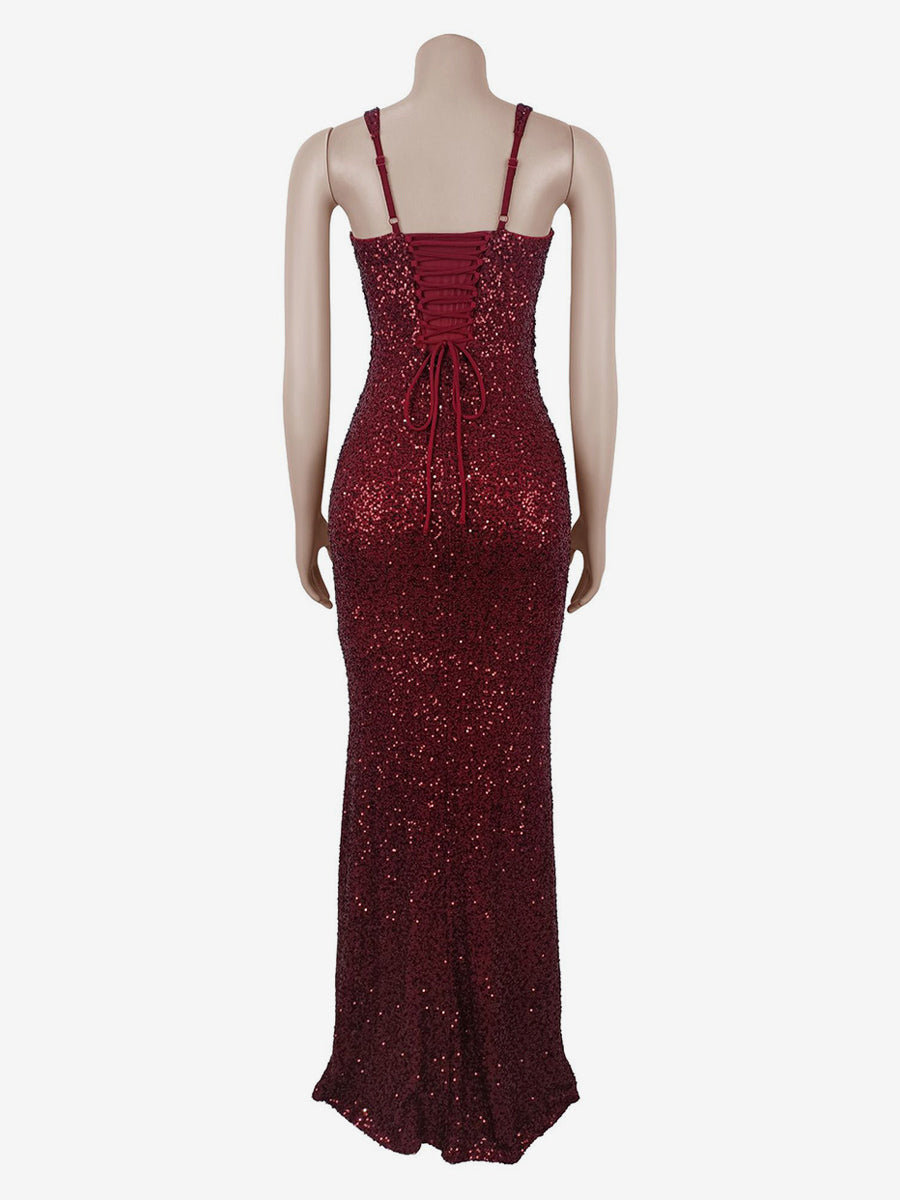 Sparkly Sequin Maxi Formal Dress For Women - Square Neck Slim Fit Back Lace-up Bodycon Mermaid Gown - Summer Gala Prom 2026