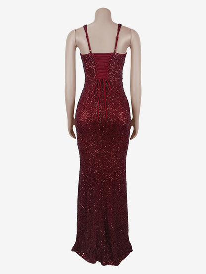 Sparkly Sequin Maxi Formal Dress For Women - Square Neck Slim Fit Back Lace-up Bodycon Mermaid Gown - Summer Gala Prom 2026