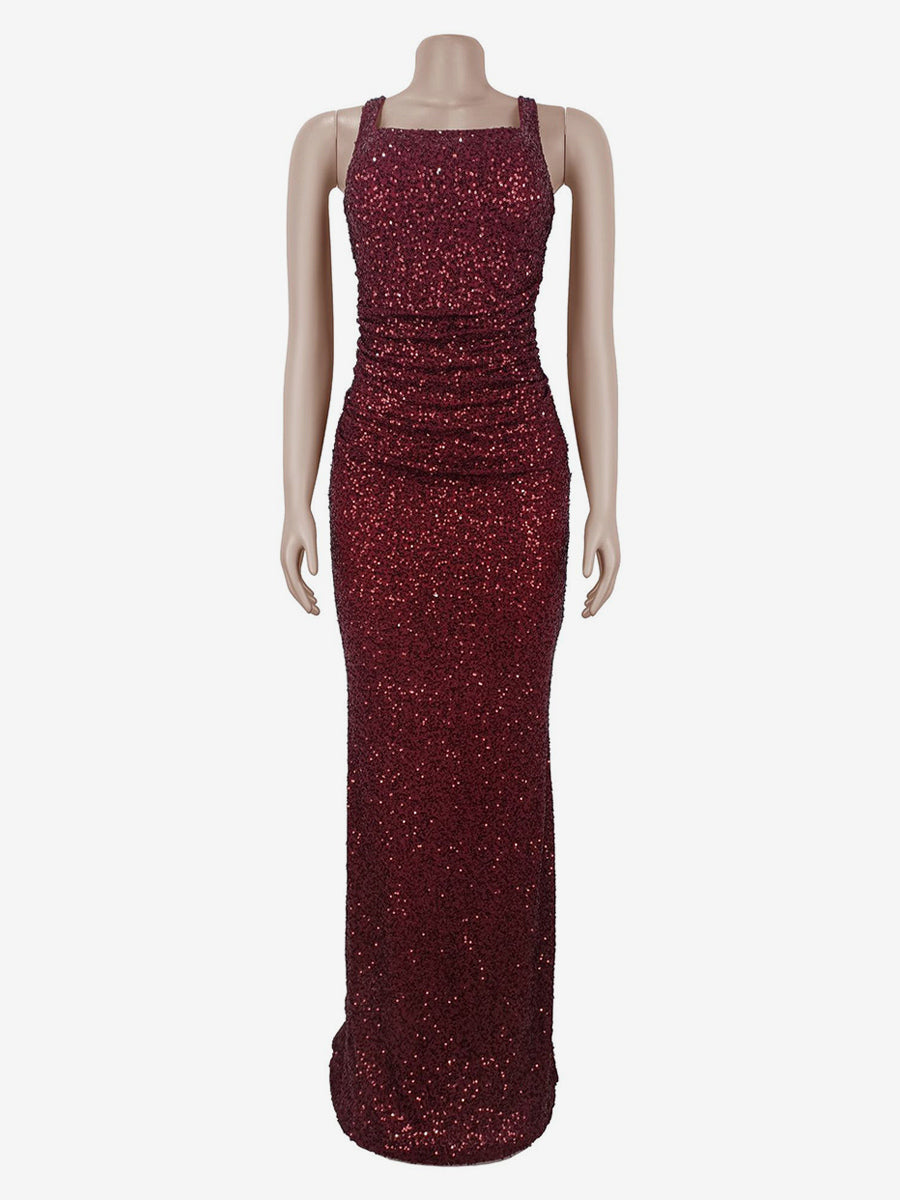Sparkly Sequin Maxi Formal Dress For Women - Square Neck Slim Fit Back Lace-up Bodycon Mermaid Gown - Summer Gala Prom 2026