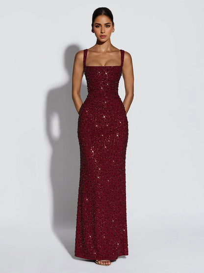 Sparkly Sequin Maxi Formal Dress For Women - Square Neck Slim Fit Back Lace-up Bodycon Mermaid Gown - Summer Gala Prom 2026