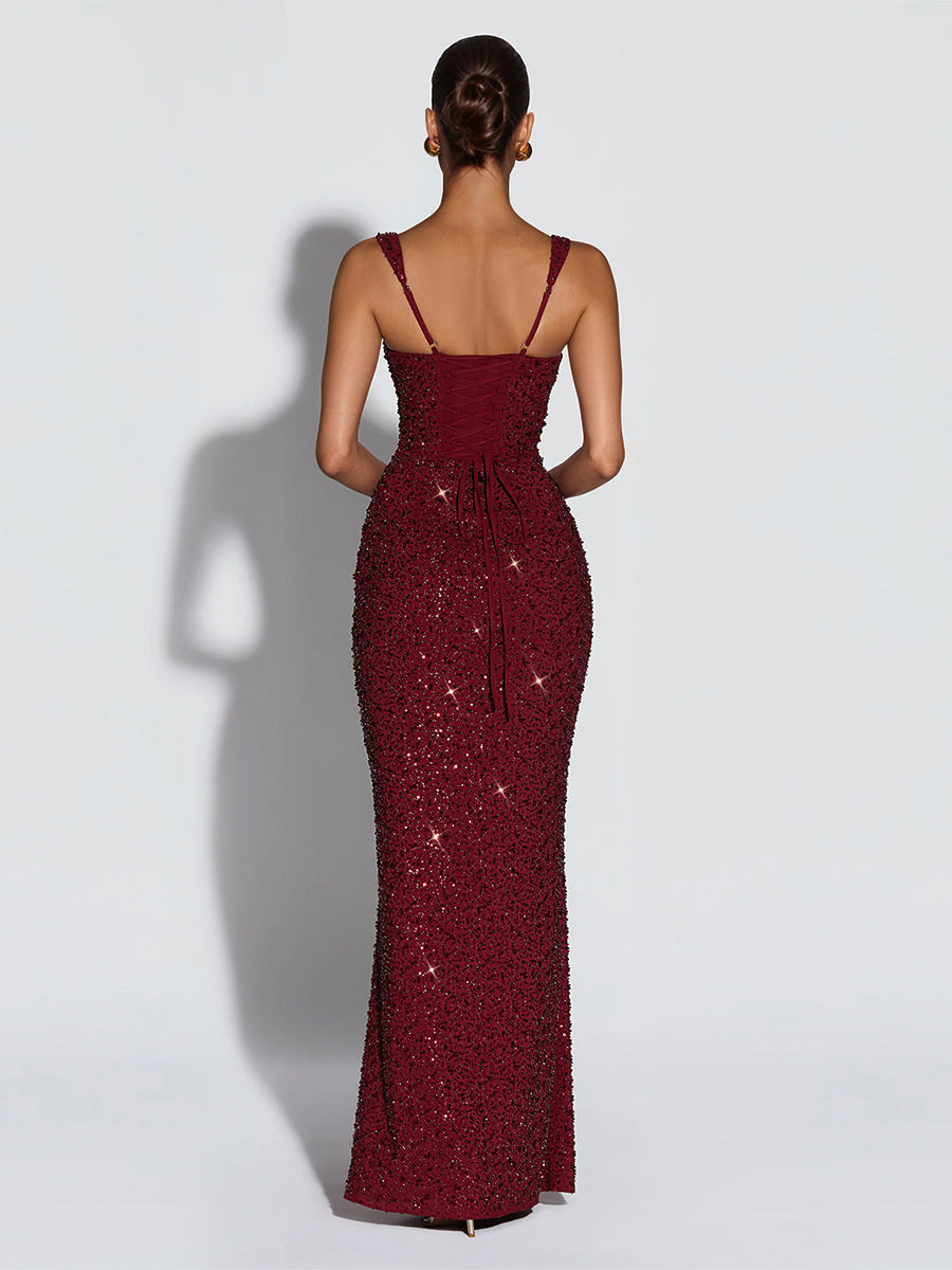 Sparkly Sequin Maxi Formal Dress For Women - Square Neck Slim Fit Back Lace-up Bodycon Mermaid Gown - Summer Gala Prom 2026