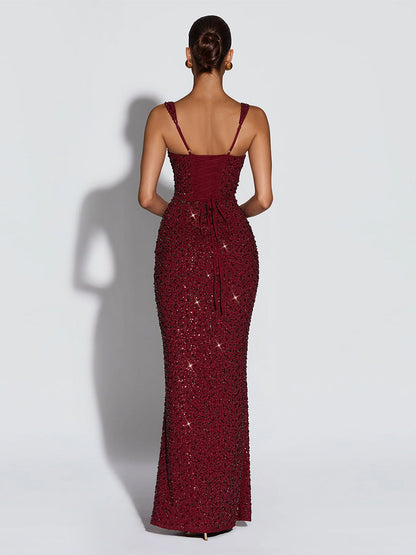 Sparkly Sequin Maxi Formal Dress For Women - Square Neck Slim Fit Back Lace-up Bodycon Mermaid Gown - Summer Gala Prom 2026