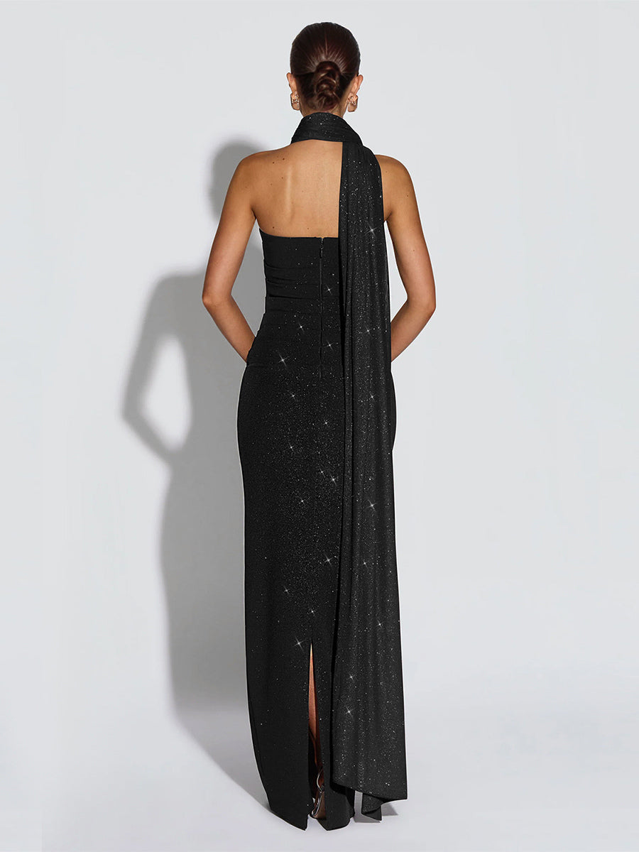 Glitter Tube Maxi Dress For Women - Sexy Backless Long Bodycon Gown With Scarf - Summer Evening Formal 2026