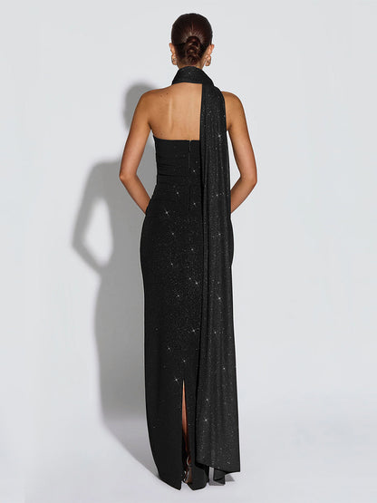 Glitter Tube Maxi Dress For Women - Sexy Backless Long Bodycon Gown With Scarf - Summer Evening Formal 2026