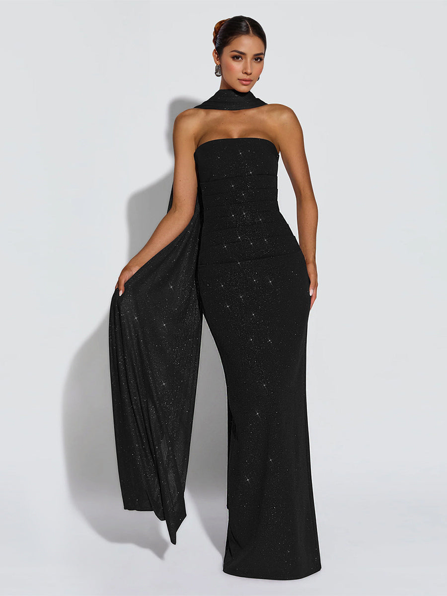 Glitter Tube Maxi Dress For Women - Sexy Backless Long Bodycon Gown With Scarf - Summer Evening Formal 2026