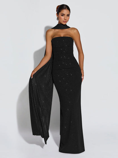 Glitter Tube Maxi Dress For Women - Sexy Backless Long Bodycon Gown With Scarf - Summer Evening Formal 2026