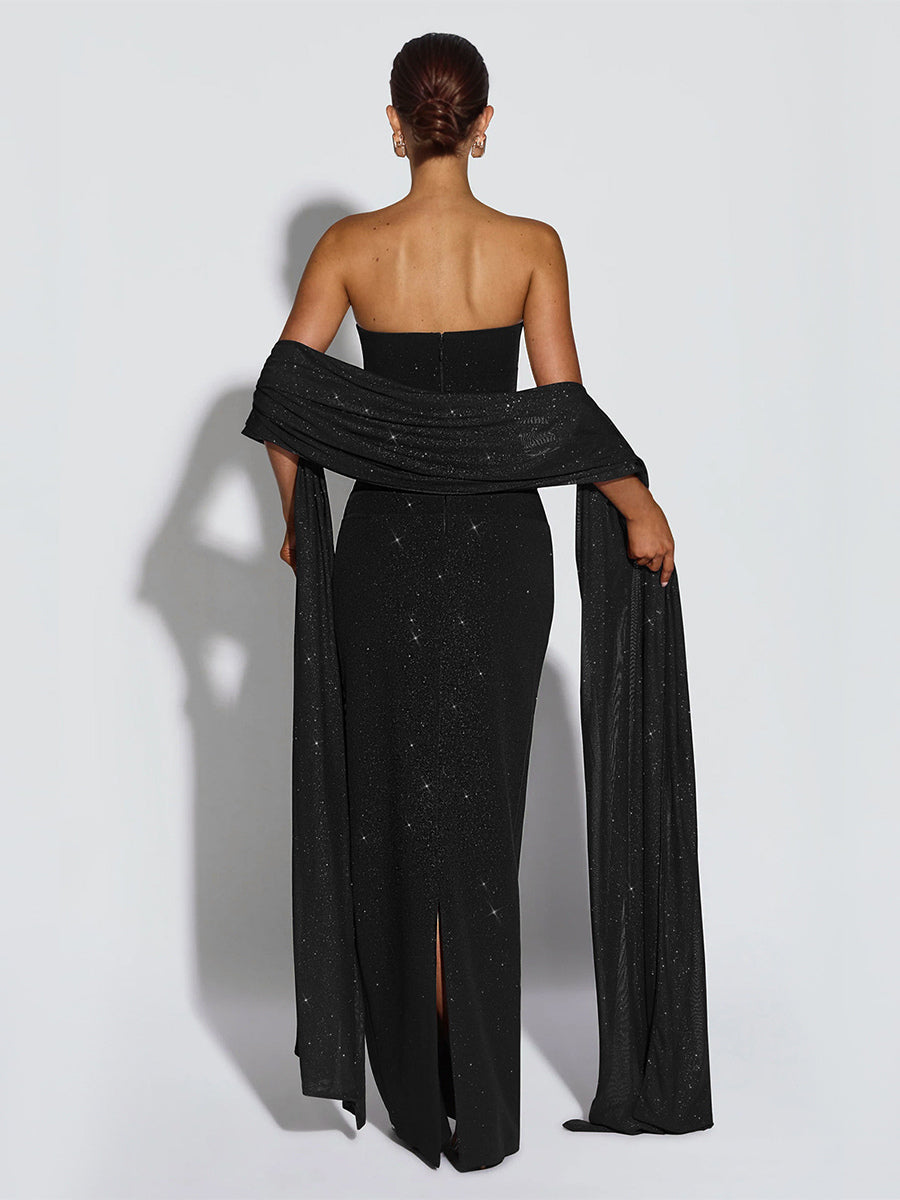 Glitter Tube Maxi Dress For Women - Sexy Backless Long Bodycon Gown With Scarf - Summer Evening Formal 2026