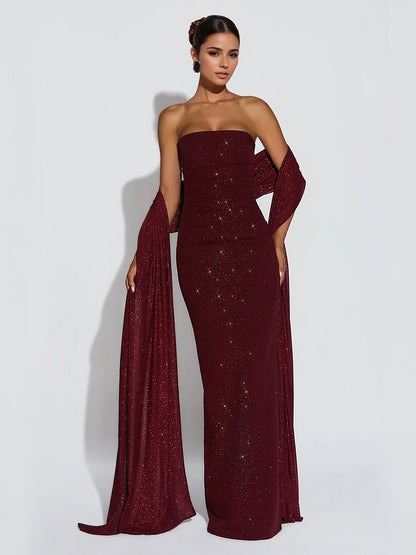 Glitter Tube Maxi Dress For Women - Sexy Backless Long Bodycon Gown With Scarf - Summer Evening Formal 2026