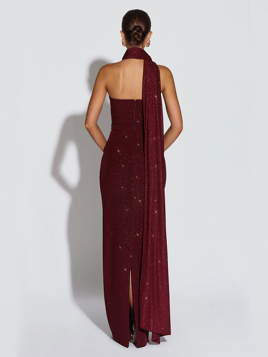 Glitter Tube Maxi Dress For Women - Sexy Backless Long Bodycon Gown With Scarf - Summer Evening Formal 2026