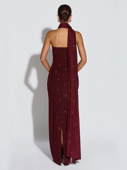 Glitter Tube Maxi Dress For Women - Sexy Backless Long Bodycon Gown With Scarf - Summer Evening Formal 2026