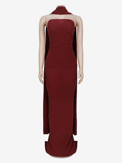 Glitter Tube Maxi Dress For Women - Sexy Backless Long Bodycon Gown With Scarf - Summer Evening Formal 2026