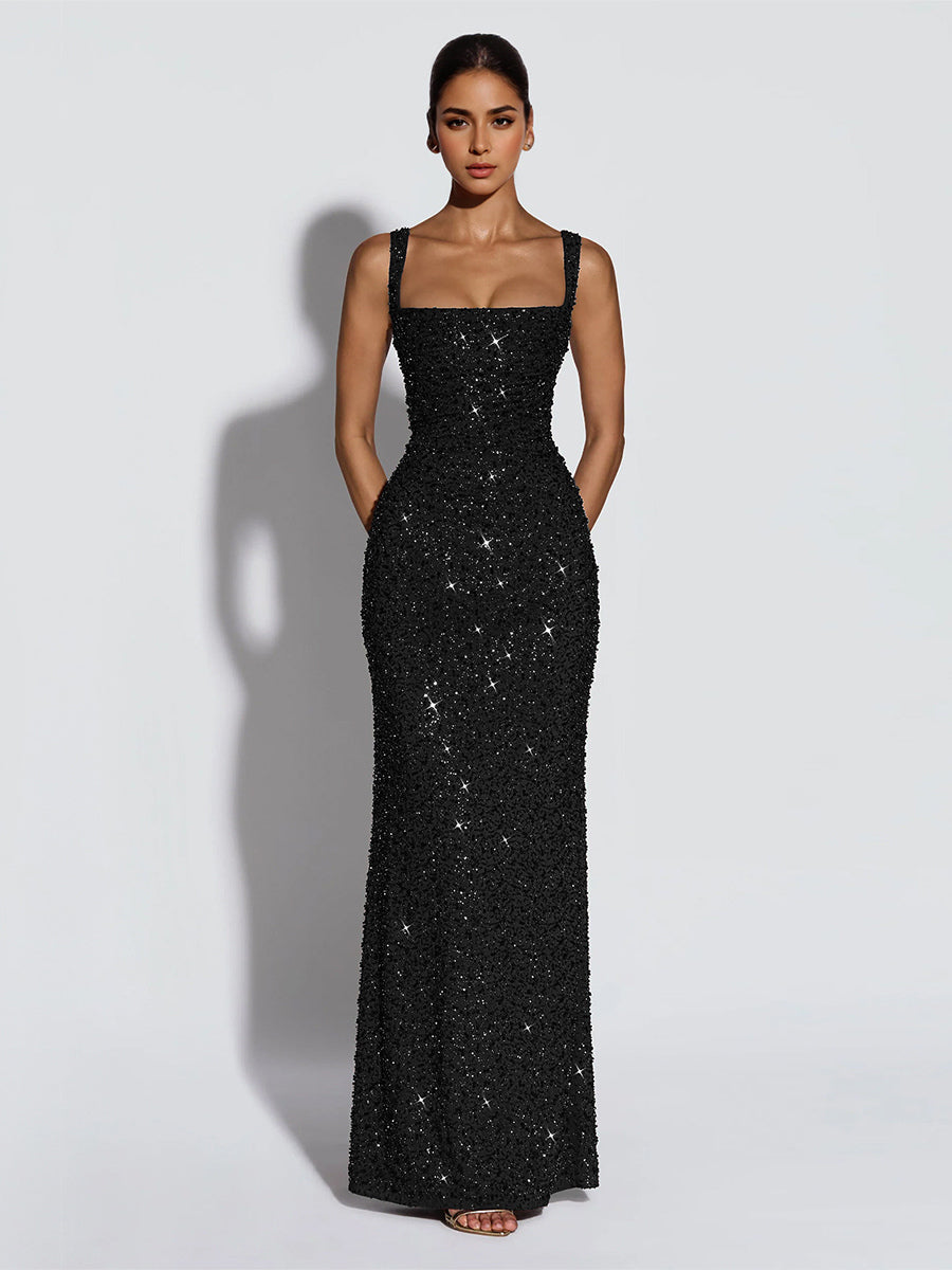 Sparkly Sequin Maxi Formal Dress For Women - Square Neck Slim Fit Back Lace-up Bodycon Mermaid Gown - Summer Gala Prom 2026