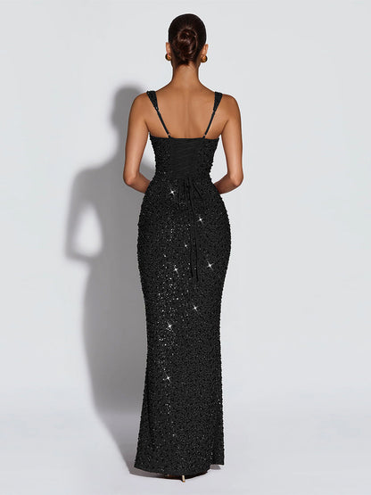 Sparkly Sequin Maxi Formal Dress For Women - Square Neck Slim Fit Back Lace-up Bodycon Mermaid Gown - Summer Gala Prom 2026