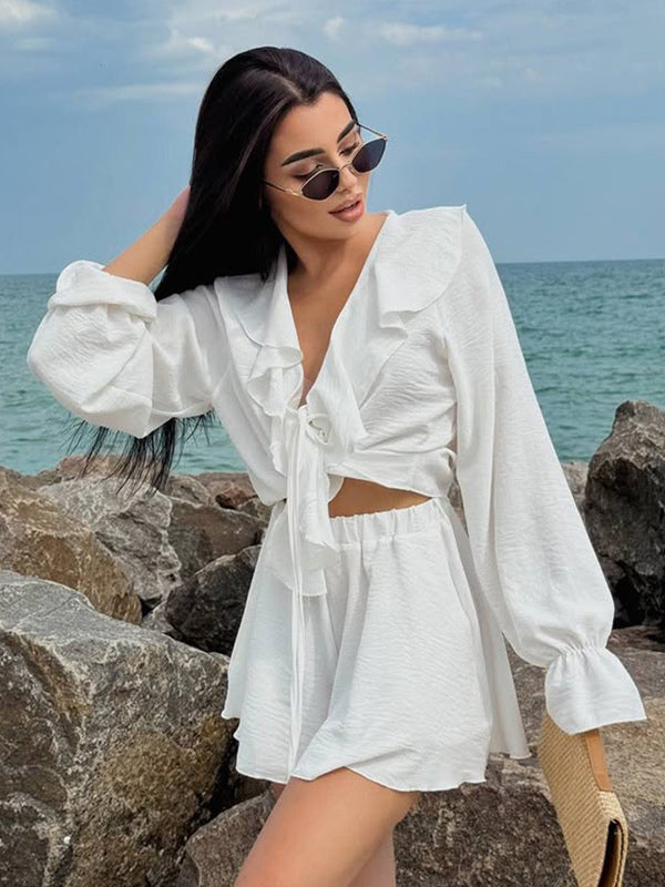 Boho Ruffle 2 Piece Set For Women - Long Sleeve Front Tie Crop Top And Shorts - Summer Beach Vacation Outfit 2026