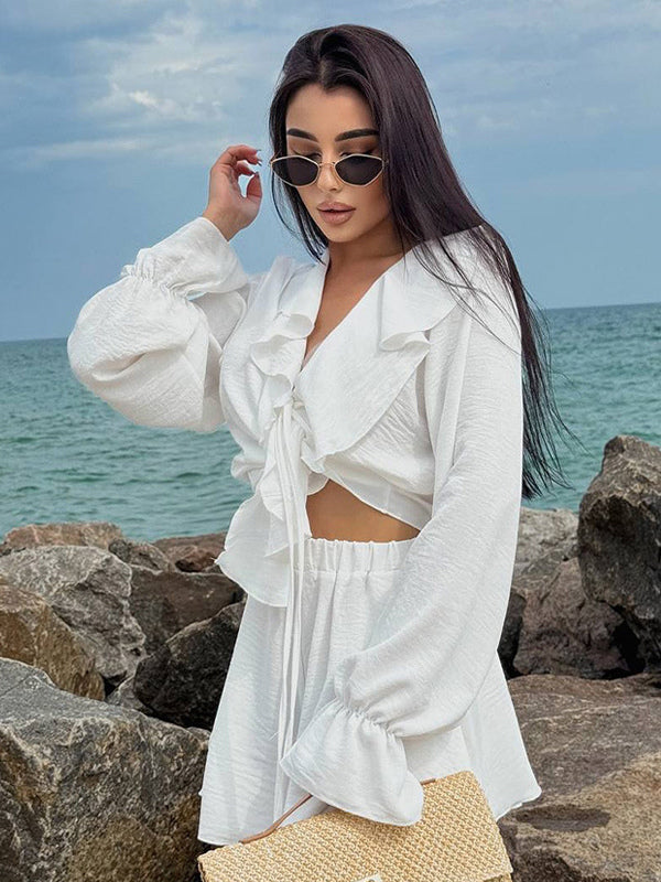 Boho Ruffle 2 Piece Set For Women - Long Sleeve Front Tie Crop Top And Shorts - Summer Beach Vacation Outfit 2026