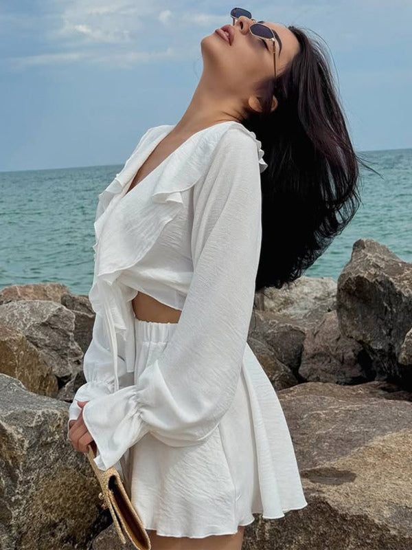 Boho Ruffle 2 Piece Set For Women - Long Sleeve Front Tie Crop Top And Shorts - Summer Beach Vacation Outfit 2026