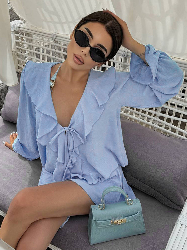 Boho Ruffle 2 Piece Set For Women - Long Sleeve Front Tie Crop Top And Shorts - Summer Beach Vacation Outfit 2026