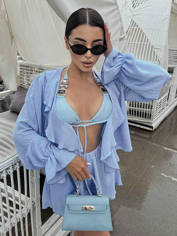 Boho Ruffle 2 Piece Set For Women - Long Sleeve Front Tie Crop Top And Shorts - Summer Beach Vacation Outfit 2026