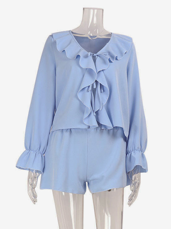Boho Ruffle 2 Piece Set For Women - Long Sleeve Front Tie Crop Top And Shorts - Summer Beach Vacation Outfit 2026