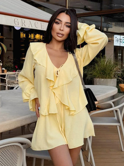 Boho Ruffle 2 Piece Set For Women - Long Sleeve Front Tie Crop Top And Shorts - Summer Beach Vacation Outfit 2026