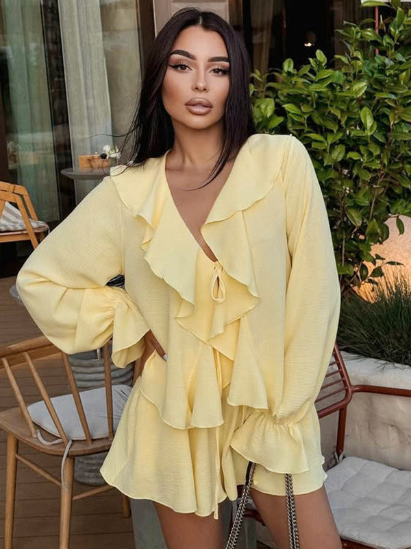 Boho Ruffle 2 Piece Set For Women - Long Sleeve Front Tie Crop Top And Shorts - Summer Beach Vacation Outfit 2026