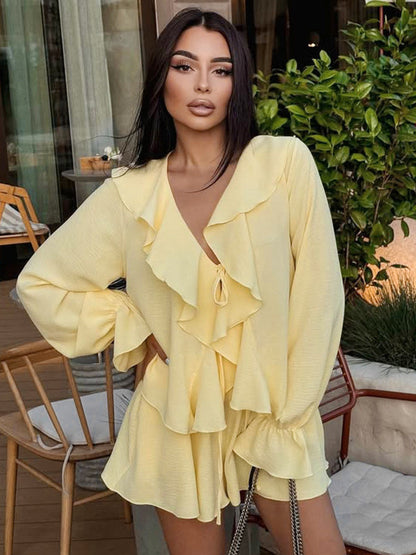 Boho Ruffle 2 Piece Set For Women - Long Sleeve Front Tie Crop Top And Shorts - Summer Beach Vacation Outfit 2026
