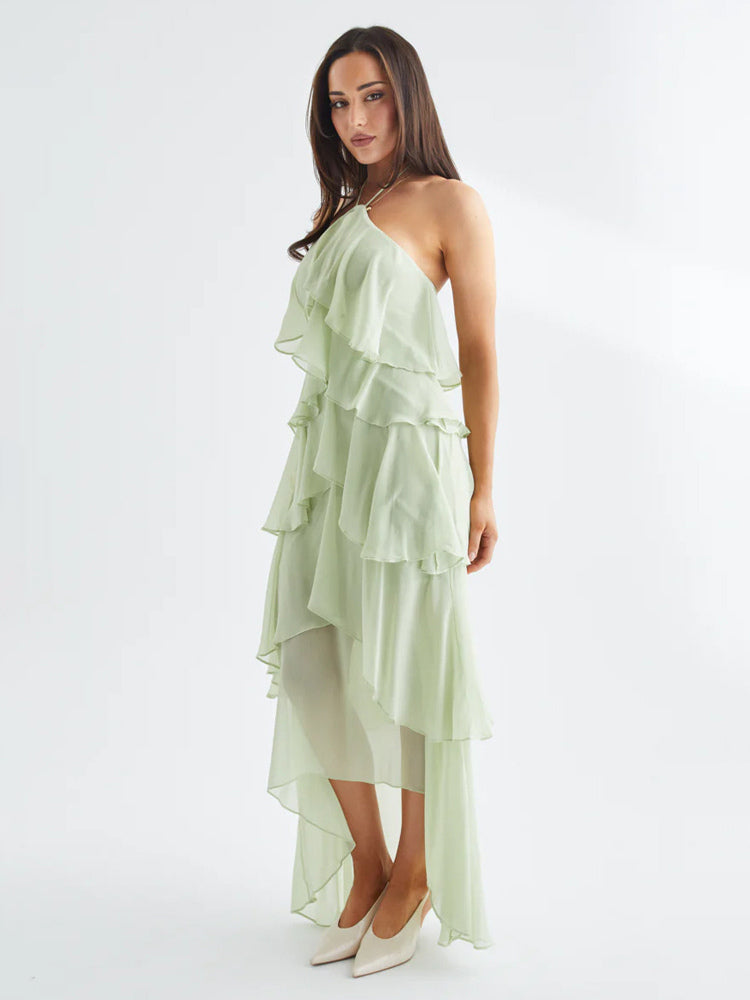 Halter Ruffle Maxi Dress For Women - Elegant Backless Tiered Chiffon High Low Sun Dress - Summer Date Night Outfit 2026