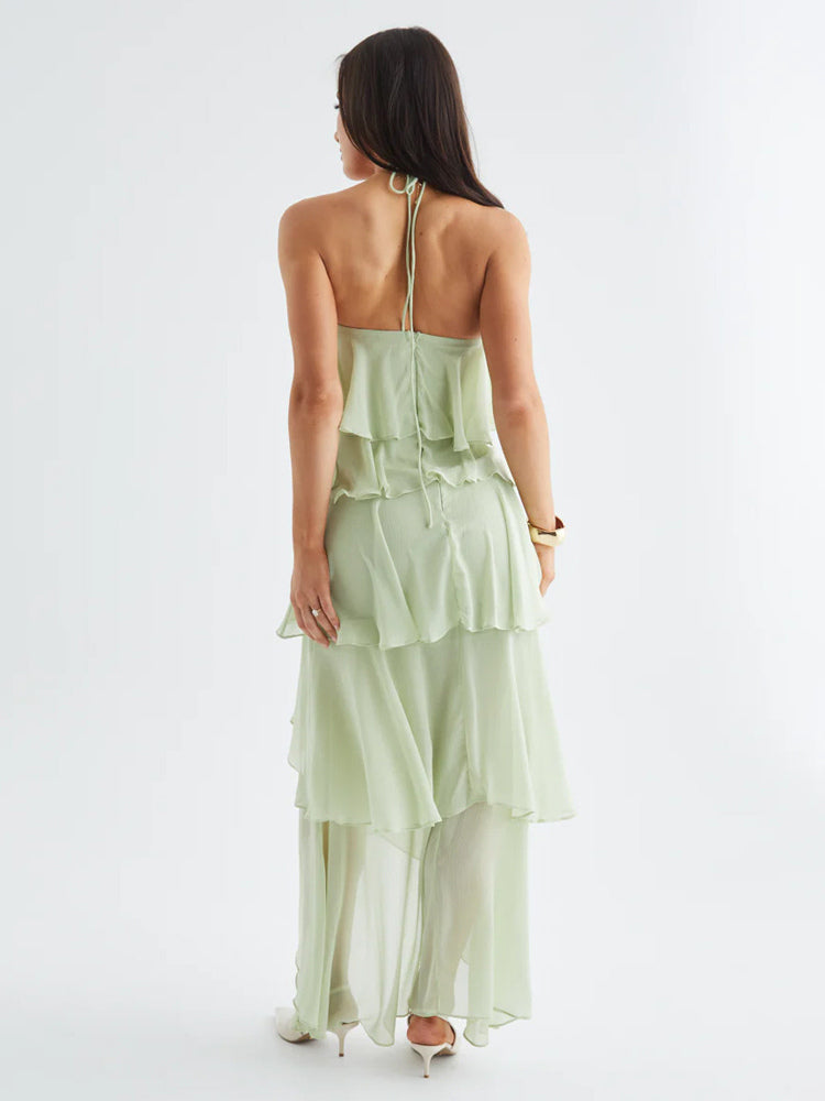 Halter Ruffle Maxi Dress For Women - Elegant Backless Tiered Chiffon High Low Sun Dress - Summer Date Night Outfit 2026