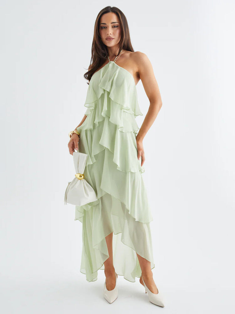 Halter Ruffle Maxi Dress For Women - Elegant Backless Tiered Chiffon High Low Sun Dress - Summer Date Night Outfit 2026