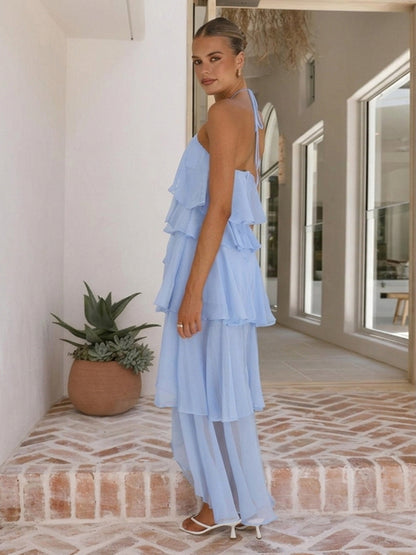 Halter Ruffle Maxi Dress For Women - Elegant Backless Tiered Chiffon High Low Sun Dress - Summer Date Night Outfit 2026