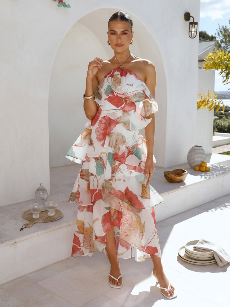 Halter Ruffle Maxi Dress For Women - Elegant Backless Tiered Chiffon High Low Sun Dress - Summer Date Night Outfit 2026