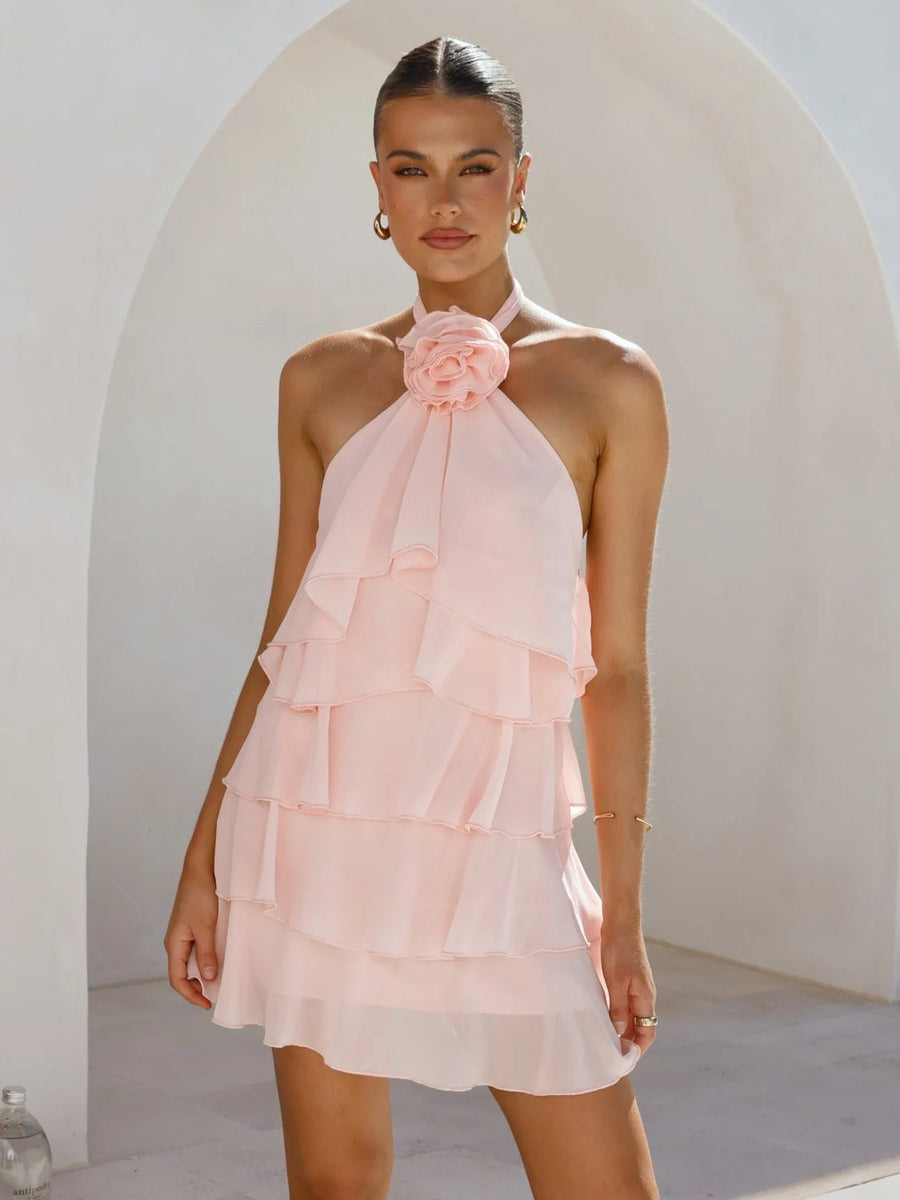 3D Flower Halter Mini Dress For Women - Elegant Rosette Tiered Ruffle Chiffon Backless Sun Dress - Summer Wedding Guest 2026