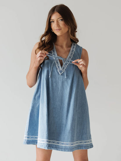 Embroidered Denim Mini Dress For Women - Casual V Neck Tie Front Loose Babydoll Sun Dress With Pockets - Summer Beach Vacation 2026