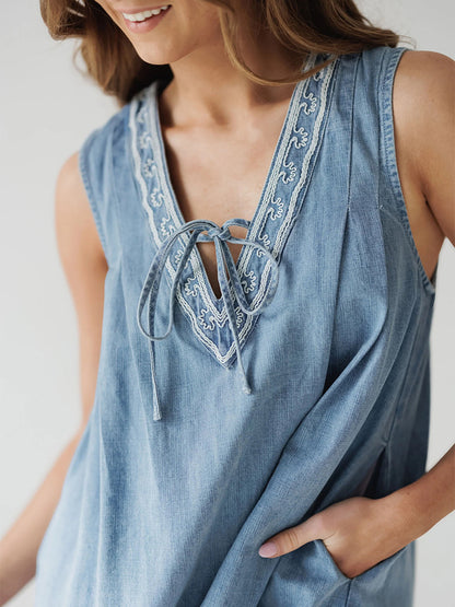 Embroidered Denim Mini Dress For Women - Casual V Neck Tie Front Loose Babydoll Sun Dress With Pockets - Summer Beach Vacation 2026