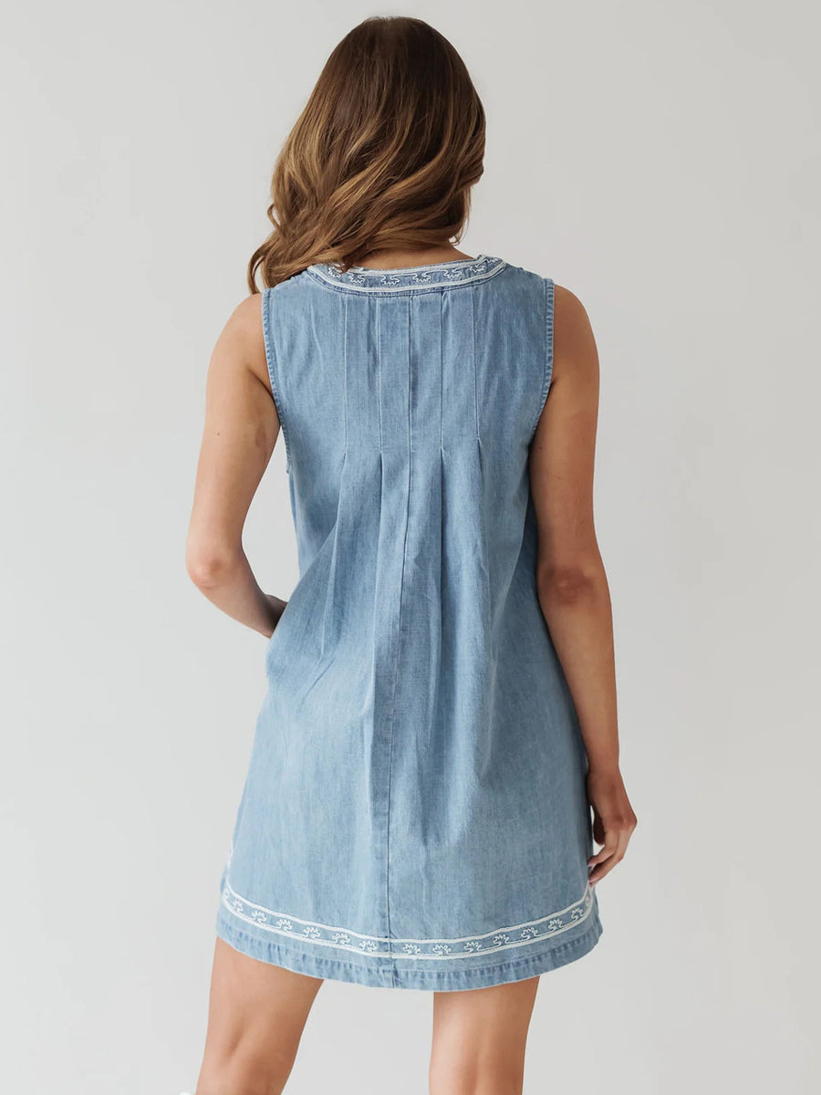Embroidered Denim Mini Dress For Women - Casual V Neck Tie Front Loose Babydoll Sun Dress With Pockets - Summer Beach Vacation 2026