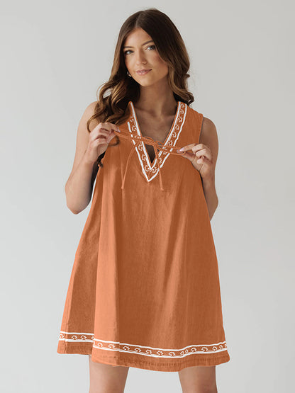 Embroidered Denim Mini Dress For Women - Casual V Neck Tie Front Loose Babydoll Sun Dress With Pockets - Summer Beach Vacation 2026