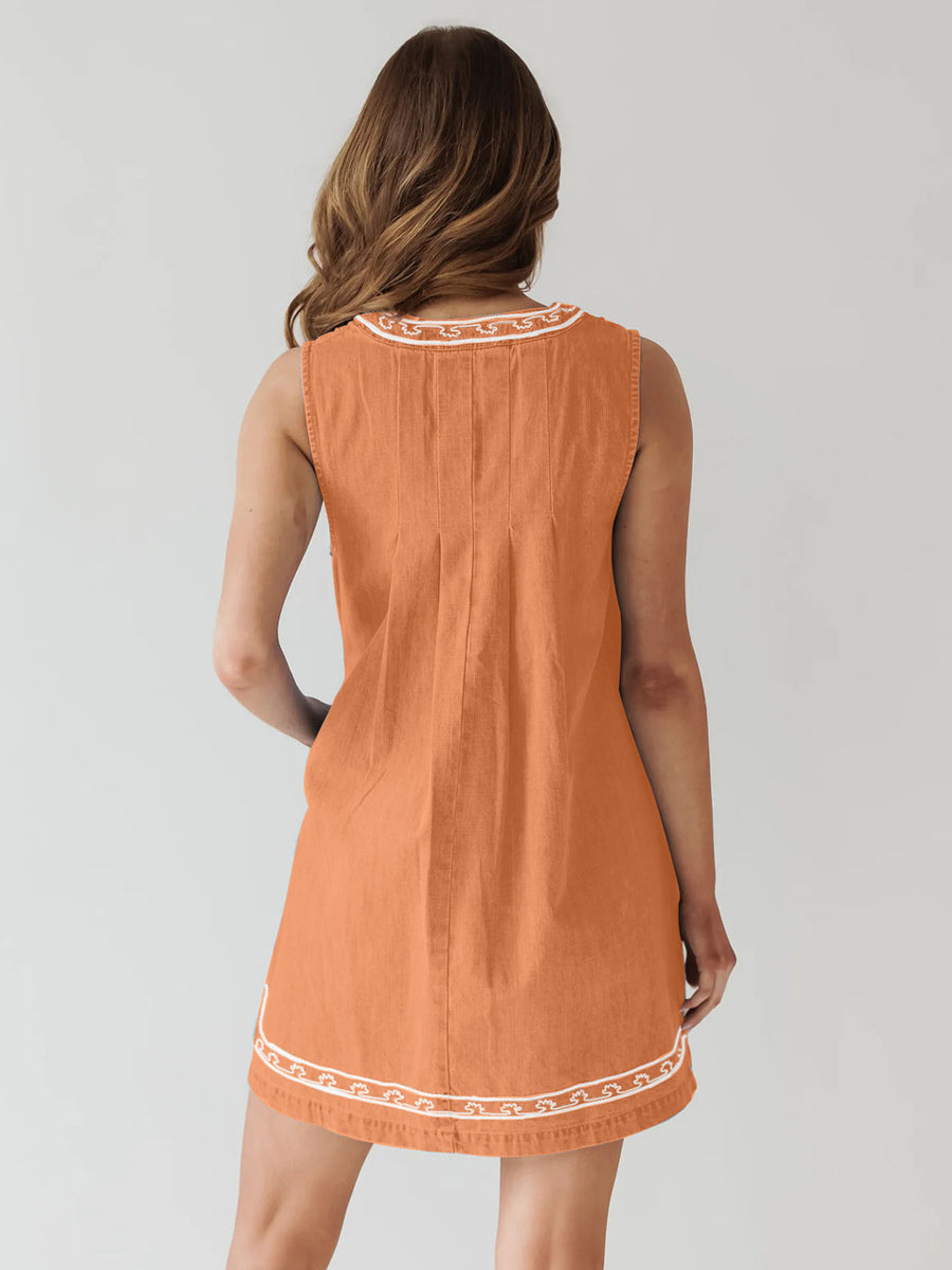 Embroidered Denim Mini Dress For Women - Casual V Neck Tie Front Loose Babydoll Sun Dress With Pockets - Summer Beach Vacation 2026