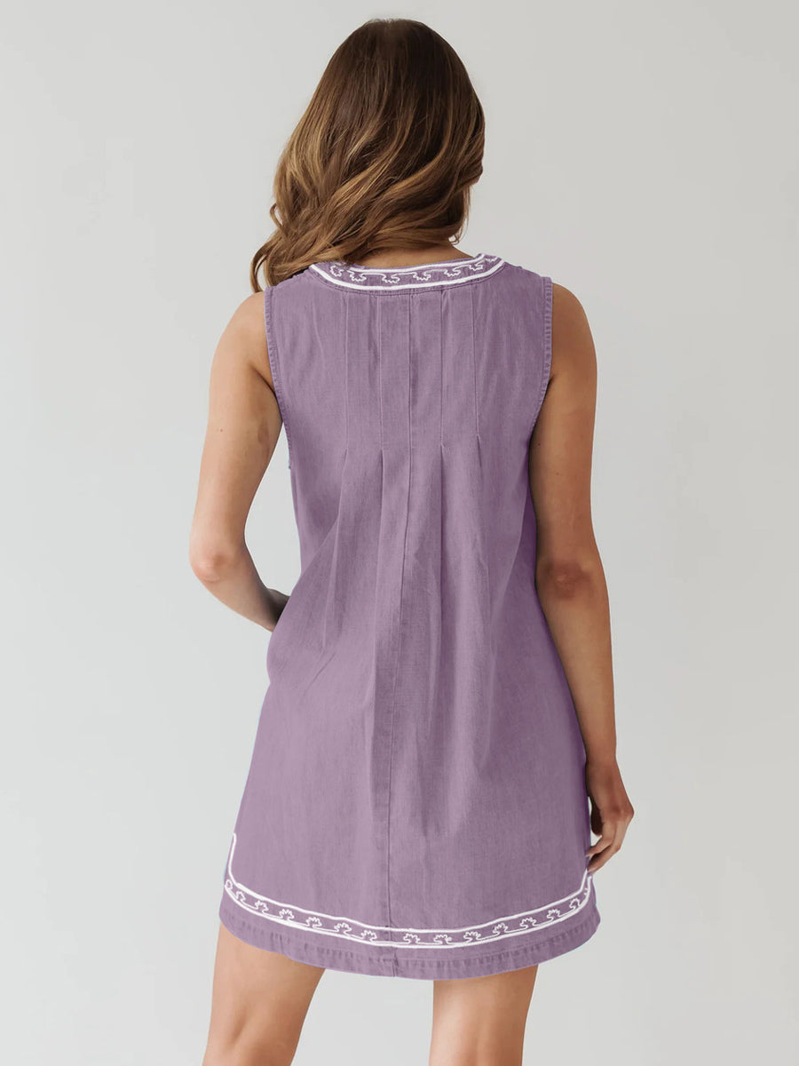 Embroidered Denim Mini Dress For Women - Casual V Neck Tie Front Loose Babydoll Sun Dress With Pockets - Summer Beach Vacation 2026