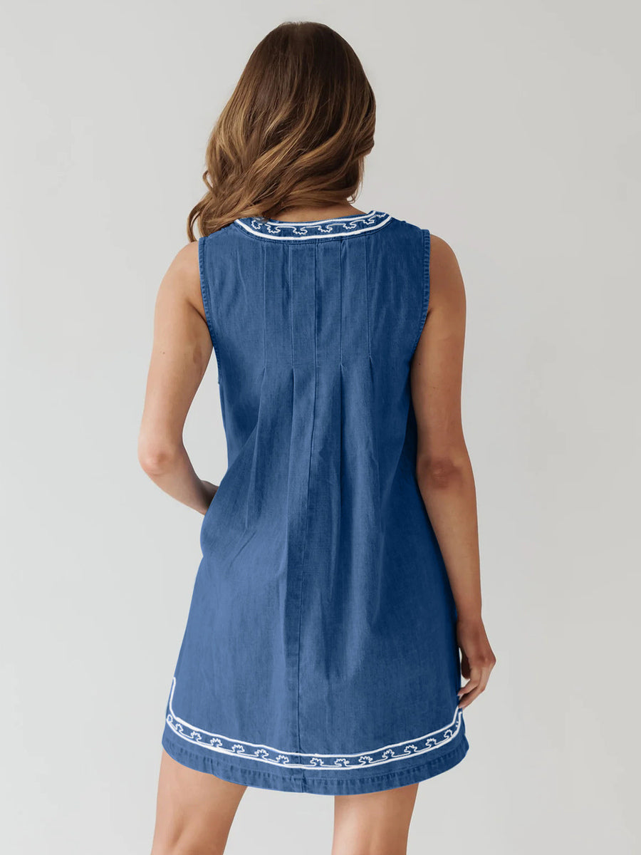 Embroidered Denim Mini Dress For Women - Casual V Neck Tie Front Loose Babydoll Sun Dress With Pockets - Summer Beach Vacation 2026