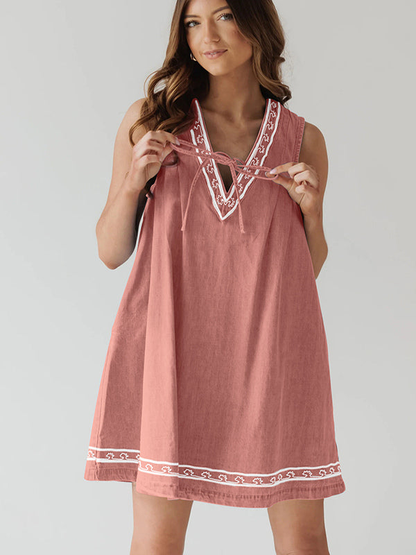 Embroidered Denim Mini Dress For Women - Casual V Neck Tie Front Loose Babydoll Sun Dress With Pockets - Summer Beach Vacation 2026