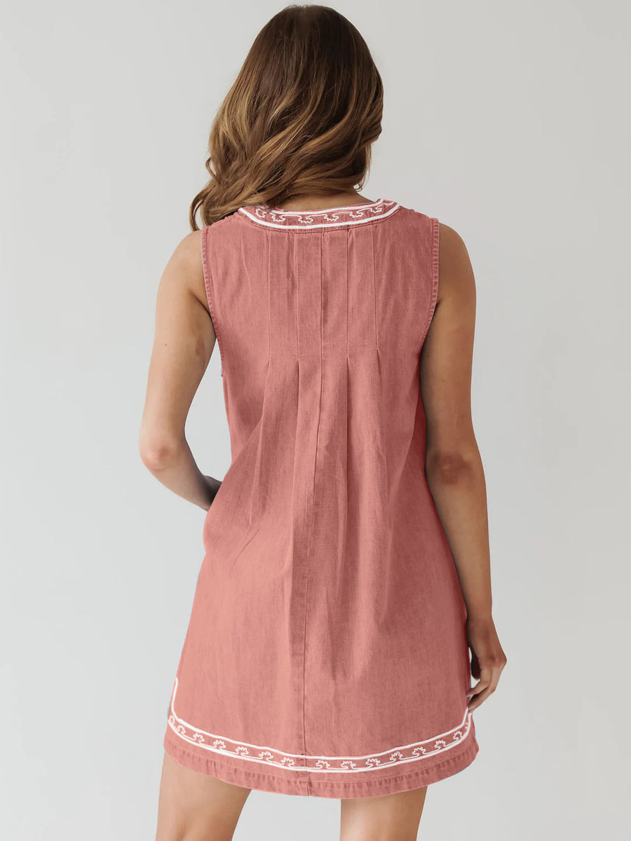 Embroidered Denim Mini Dress For Women - Casual V Neck Tie Front Loose Babydoll Sun Dress With Pockets - Summer Beach Vacation 2026