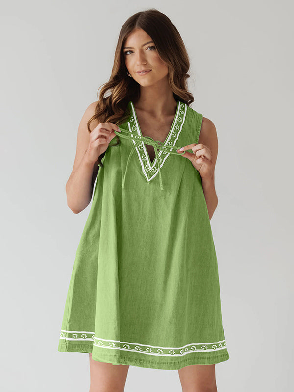 Embroidered Denim Mini Dress For Women - Casual V Neck Tie Front Loose Babydoll Sun Dress With Pockets - Summer Beach Vacation 2026